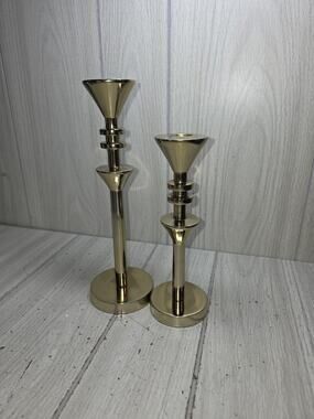 Vtg Brass Tapered Candle Sticks 2 Disc Ring Detail Set Of 2 Regency Gothic Event